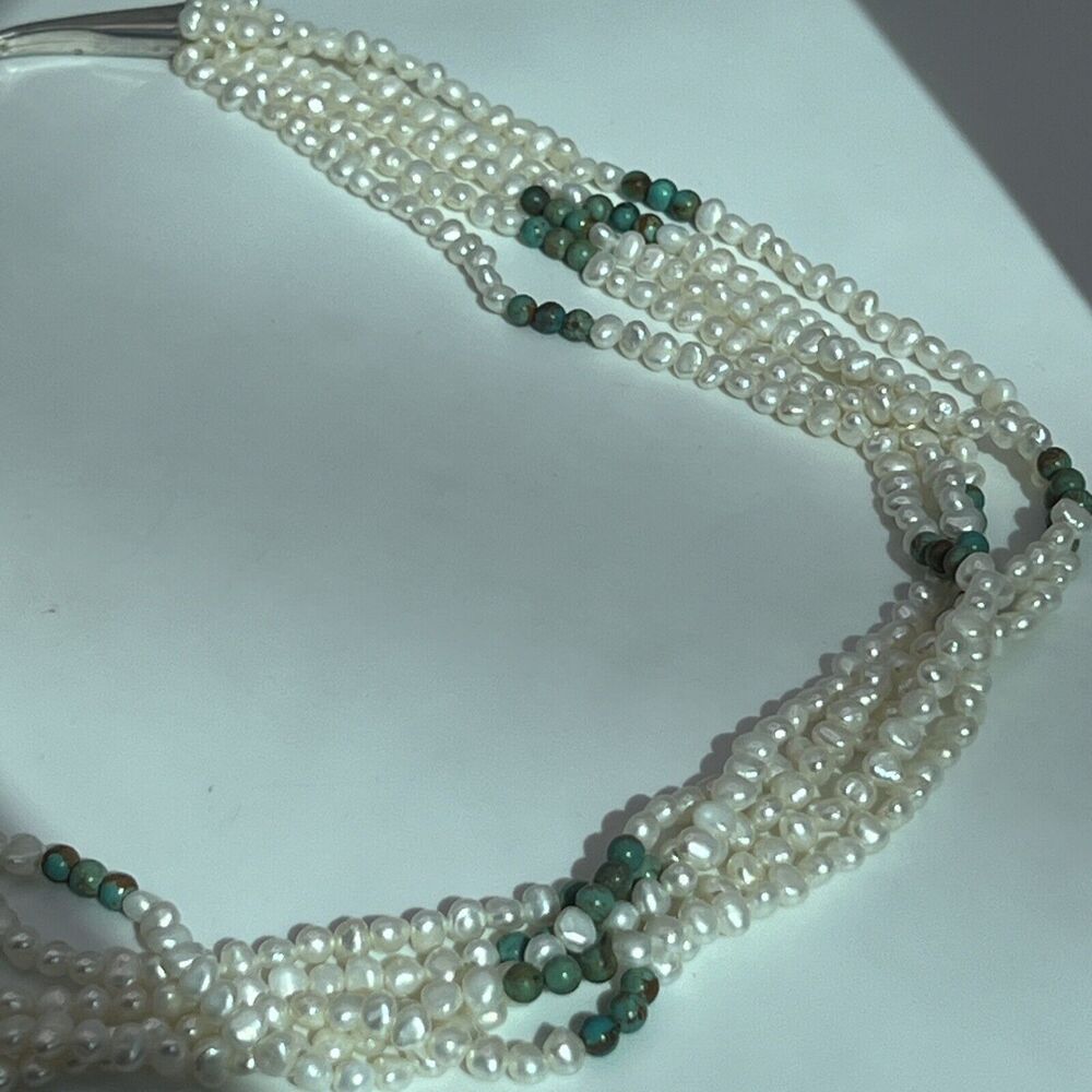 Rare Vintage Sterling Silver Navajo Pearls with Turquoise Bead Necklace. 22 inch